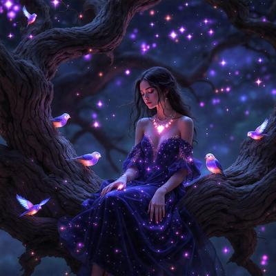 The primary subject of the image is a woman sitting in a tree. She is wearing a blue dress and has a heart-shaped tattoo on her chest. The setting is a forest, with a nighttime atmosphere. The visual style is a digital art illustration, creating a surreal and dreamy scene. The colors are predominantly purple, which adds to the overall mood of the image.